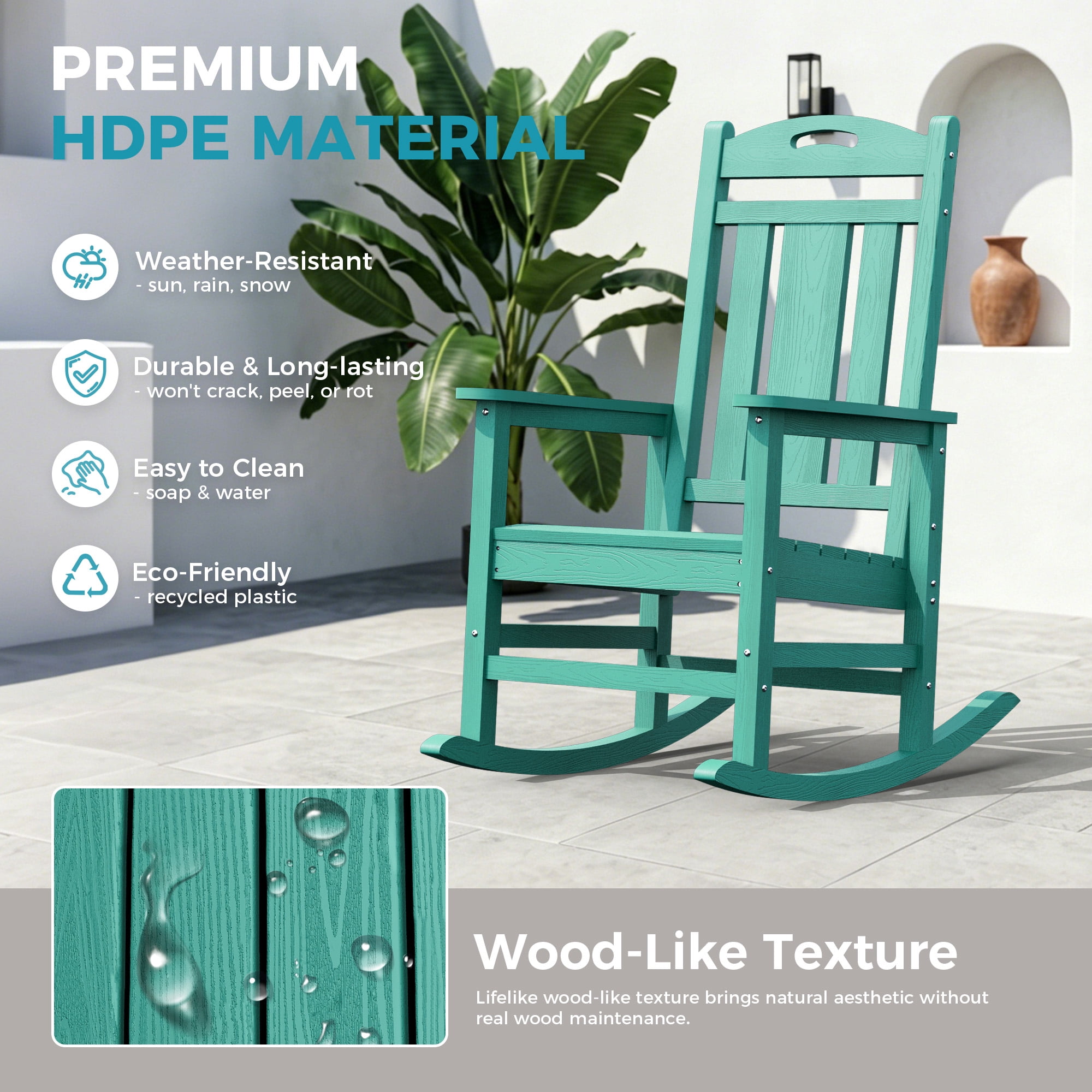 Oversized HDPE Outdoor Rocking Chair, All-Weather High Back Porch Rocker, Aqua