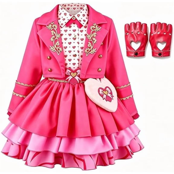 Pink Hearts Princess Halloween Costume, Queen Outfit with Jacket Dress & Gloves, Perfect Fancy-Dress Cosplay Party Accessories