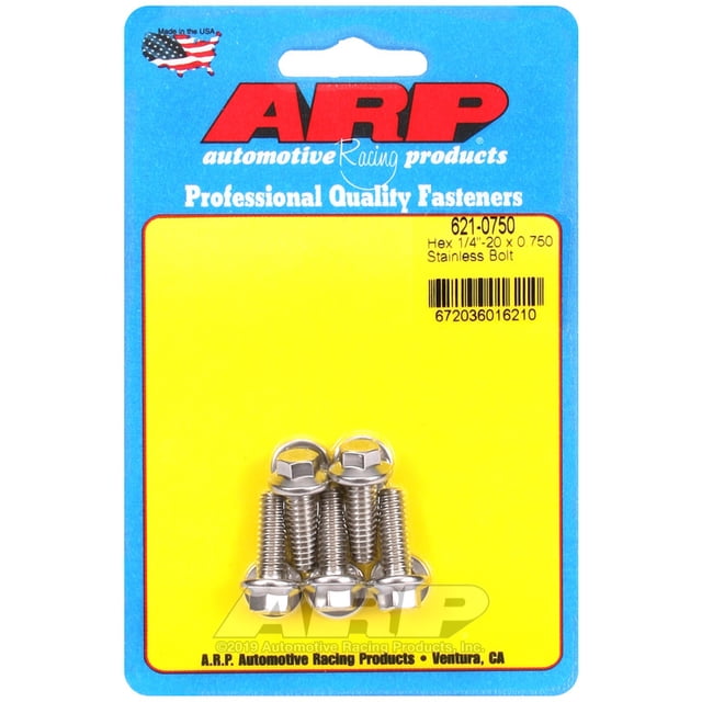 ARP Auto Racing Bolt 621-0750 Standard Bolt; 1/4 Inch - 20 Thread Size; 0.750 Inch Under Head Length; 5/16 Inch Socket Size; Hex Style Head Type; Polished; Stainless Steel; 5 Pack