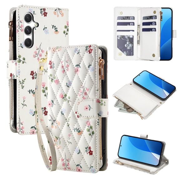 Tianyeda for Samsung Galaxy A16 Case Wallet Card Holder Zipper Leather Flip Cover Crossbody Wrist Strap with Stand A1