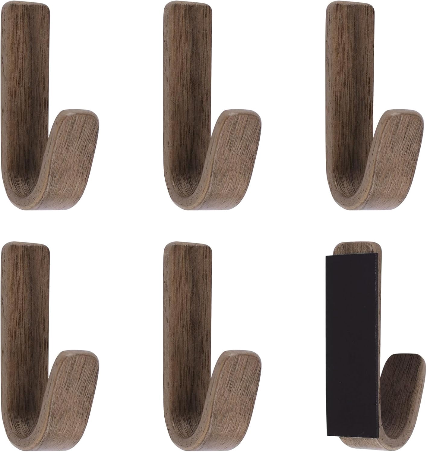 FEFEFW-Magnetic Walnut Wall Hooks, 6Pcs J Shape Natural Wooden Coat Hook Magnetic Towel Rack for Refrigerator,Metal Cabinet (Dark Brown)