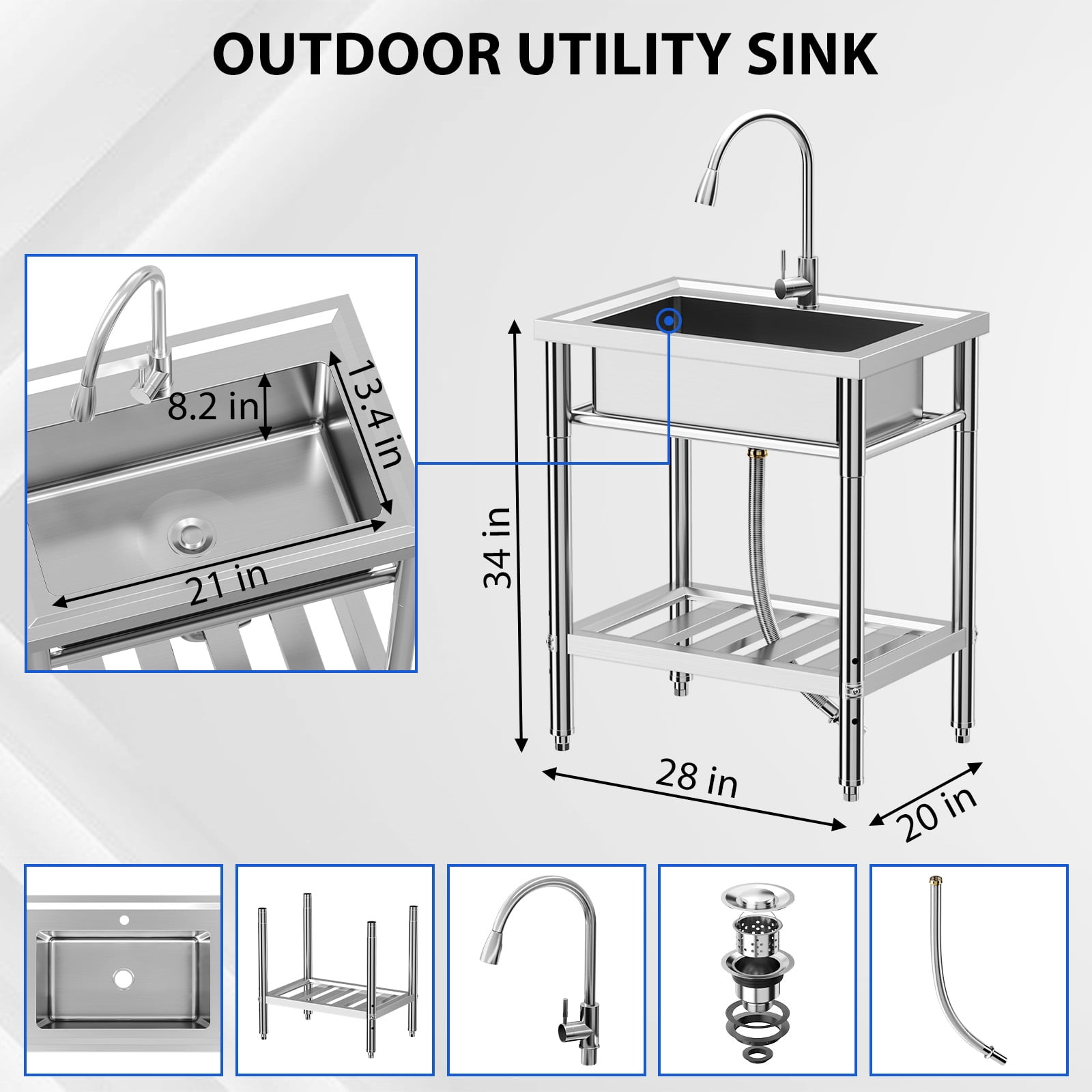 Yesurprise 28*20*34 Inch Stainless Steel SinkFreestanding Single Trough Commercial Kitchen Sink Set with Faucet Commercial Single Bowl Kitchen Prep & Utility Sink