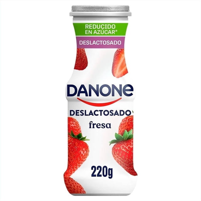 yoghurt bebible danone bebible deslactosado fresa 220 g Botella frontal blanca con logo Danone, banda verde "Reducido en azúcar", franja morada "Deslactosado", texto central "fresa", imágenes de fresas y marca de contenido "220 g"; bebida láctea con fermentos y fruta natural según etiqueta.