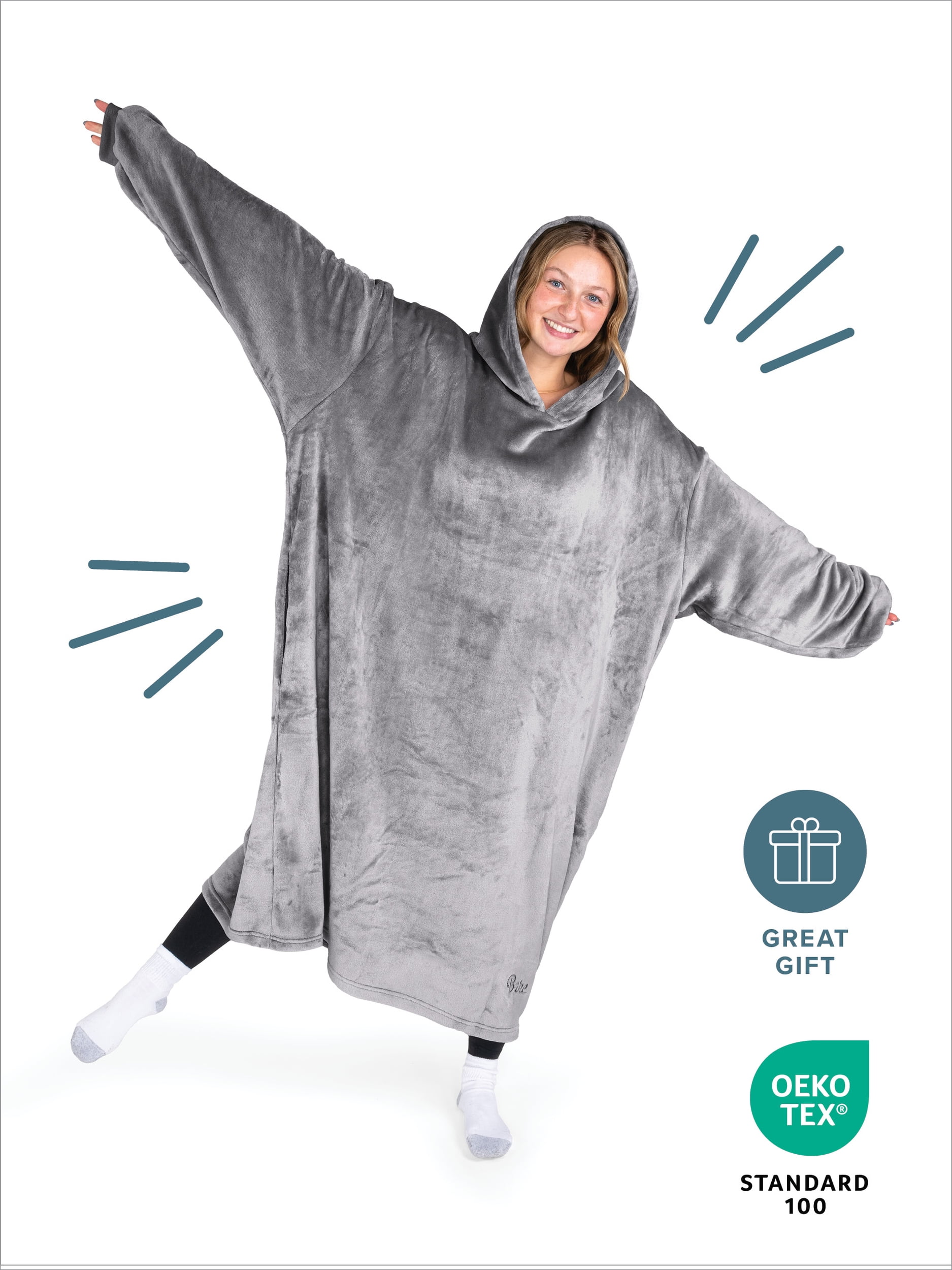 Bare Homey Adult Size Microplush Wearable Blanket - Long Length - Zipper Side Pockets, Gray