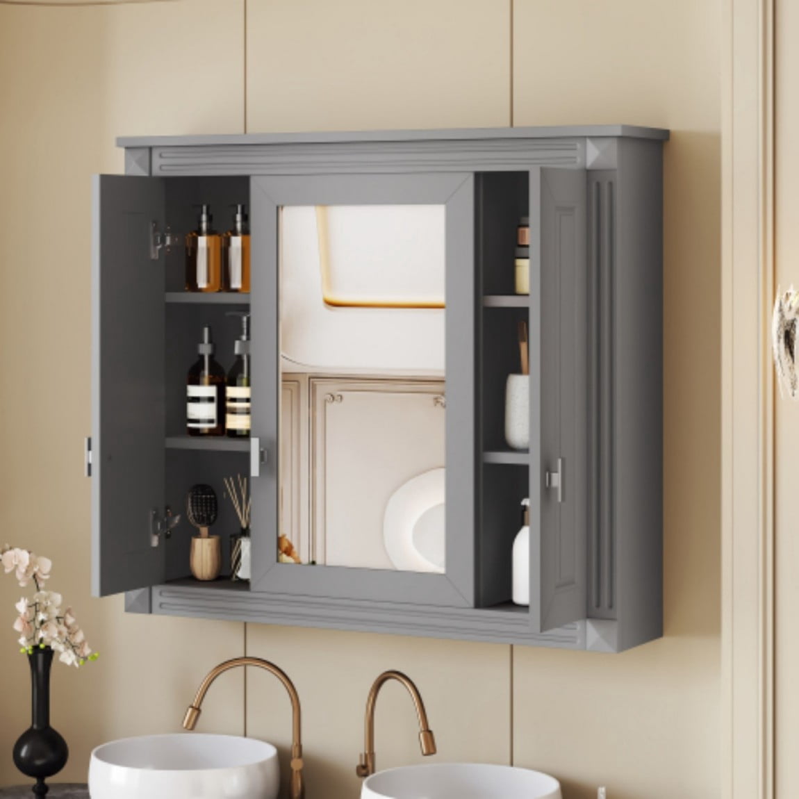 Bathroom Wall Cabinet with Mirror, Wall Mounted Medicine Cabinet with 5 Shelves, Over Toilet Storage Cabinet with Adjustable Shelves, Mirrored Door Bathroom Cabinet, Gray