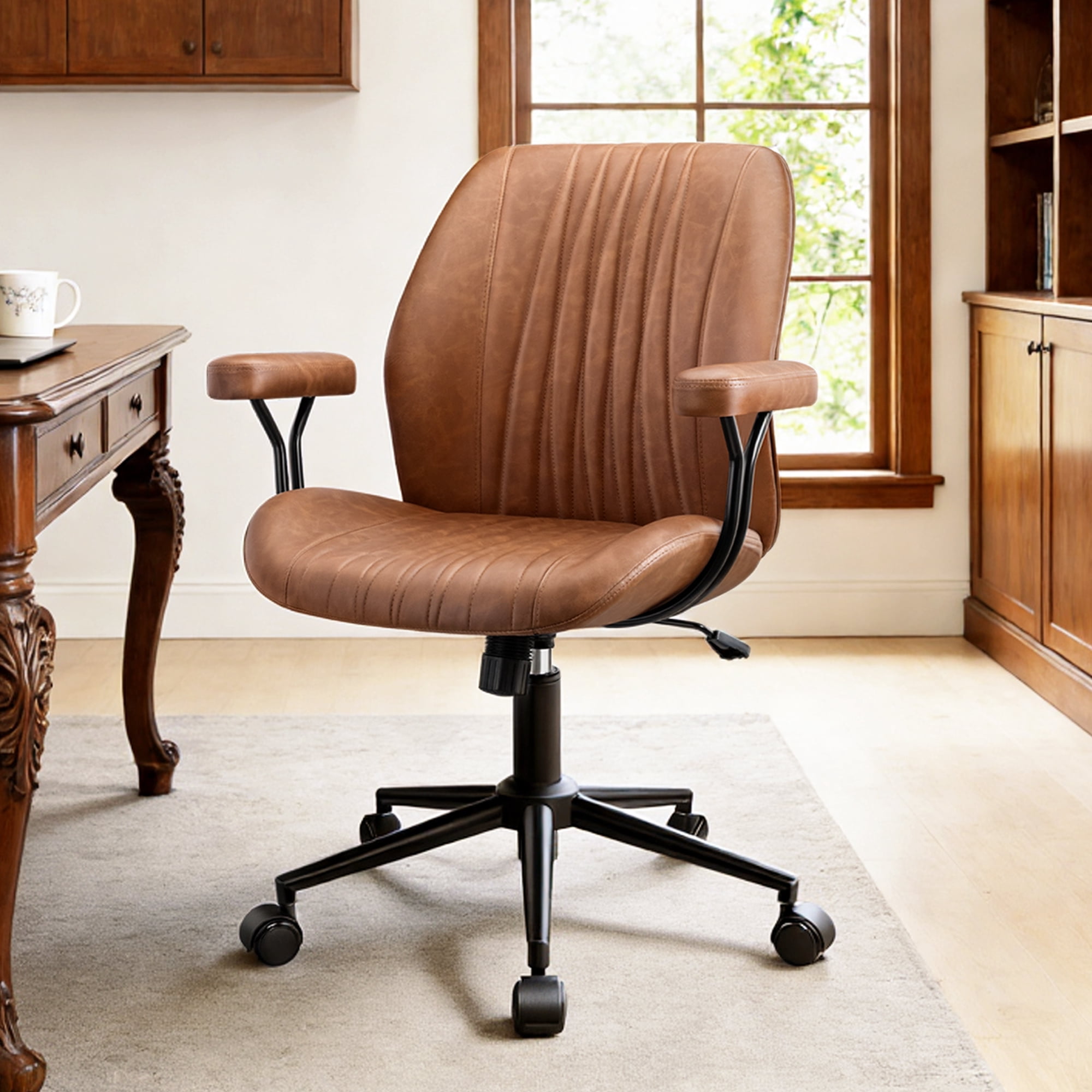 COOLHUT Home Office Chair, PU Leather Ergonomic Computer Desk Chair with Removable Armrests, Mid Century Modren Armrest Office Chair, Rocking Swivel Task Chair, Brown