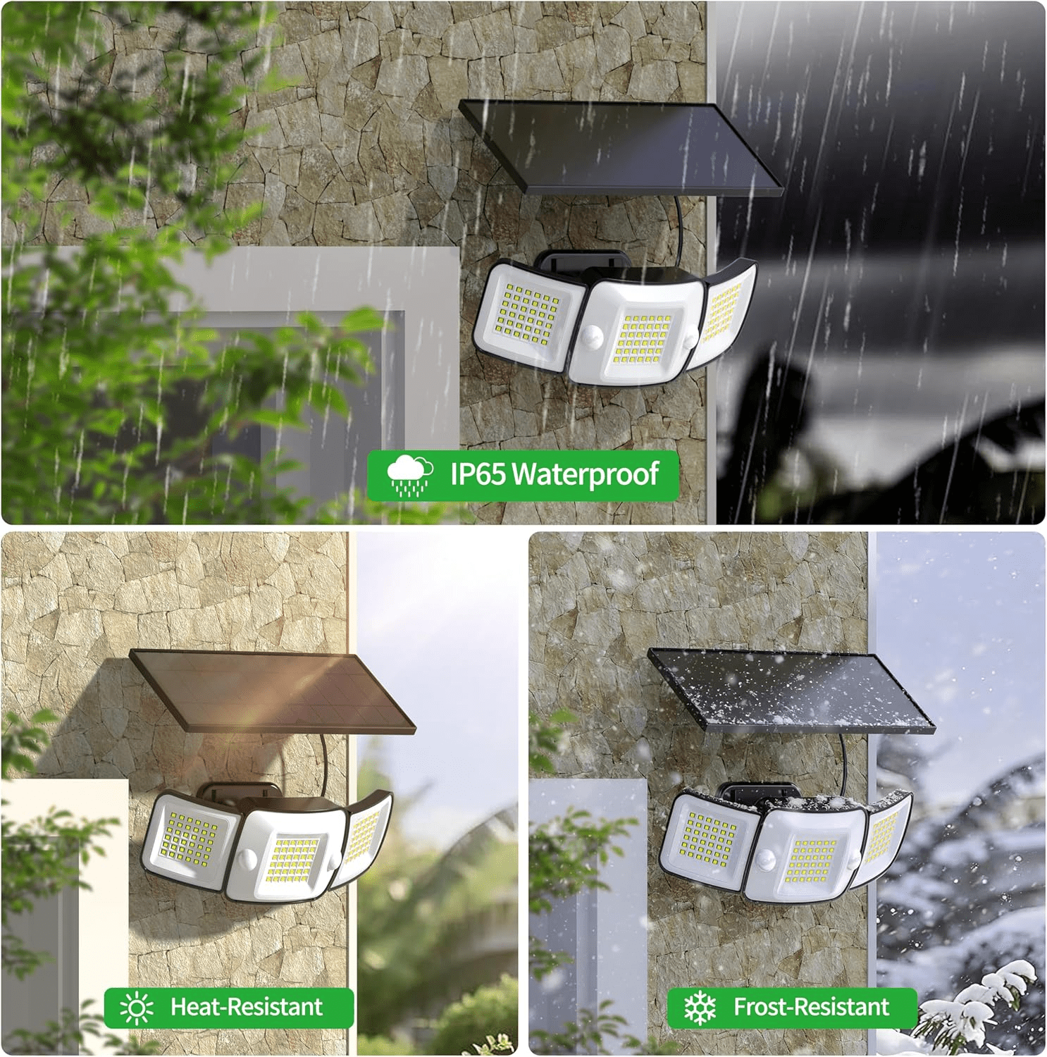 intelamp Solar Flood Light 6000mAh 1500LM Waterproof Motion Light with 108 LED Beads and 9.8ft Cable for Outdoors, 3-Head Safety Remote Light with 270° Wide-Angle for Courtyard Garage Fence - White