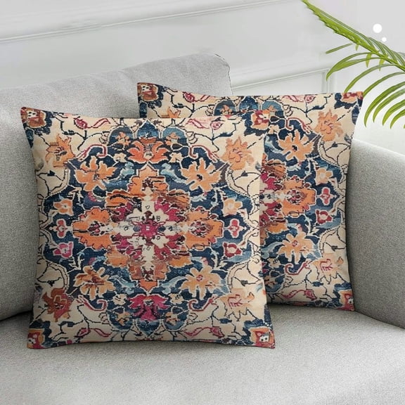JRXY Boho Couch Throw Pillow Covers Set of 2 Orange Blue  Persian Carpet Print Decorative Square Pillowcases Cushion Cases for Sofa, Christmas Home Decor for Bedroom White