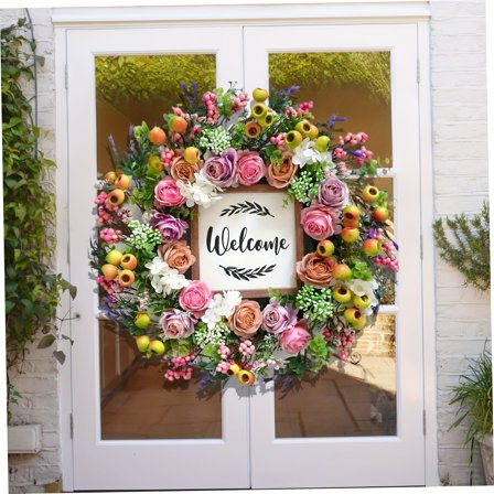 1pc Spring And Summer Door Wreath, 18-inch Artificial Berry And Colored Wreath with Welcome Sign, Spring And Summer Green Wreath, Suitable for Door, Wall And Window Holiday Decoration