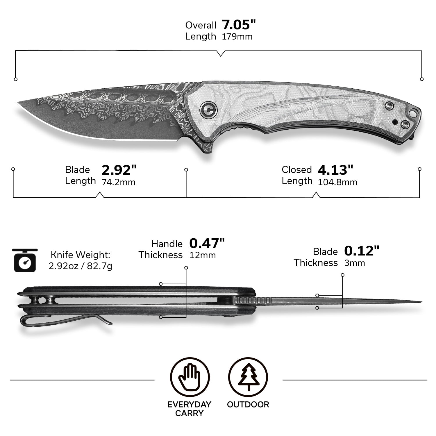 CIVIVI Voidflare Pocket Folding Knife with 2.92" Damascus Blade C24040-DS1
