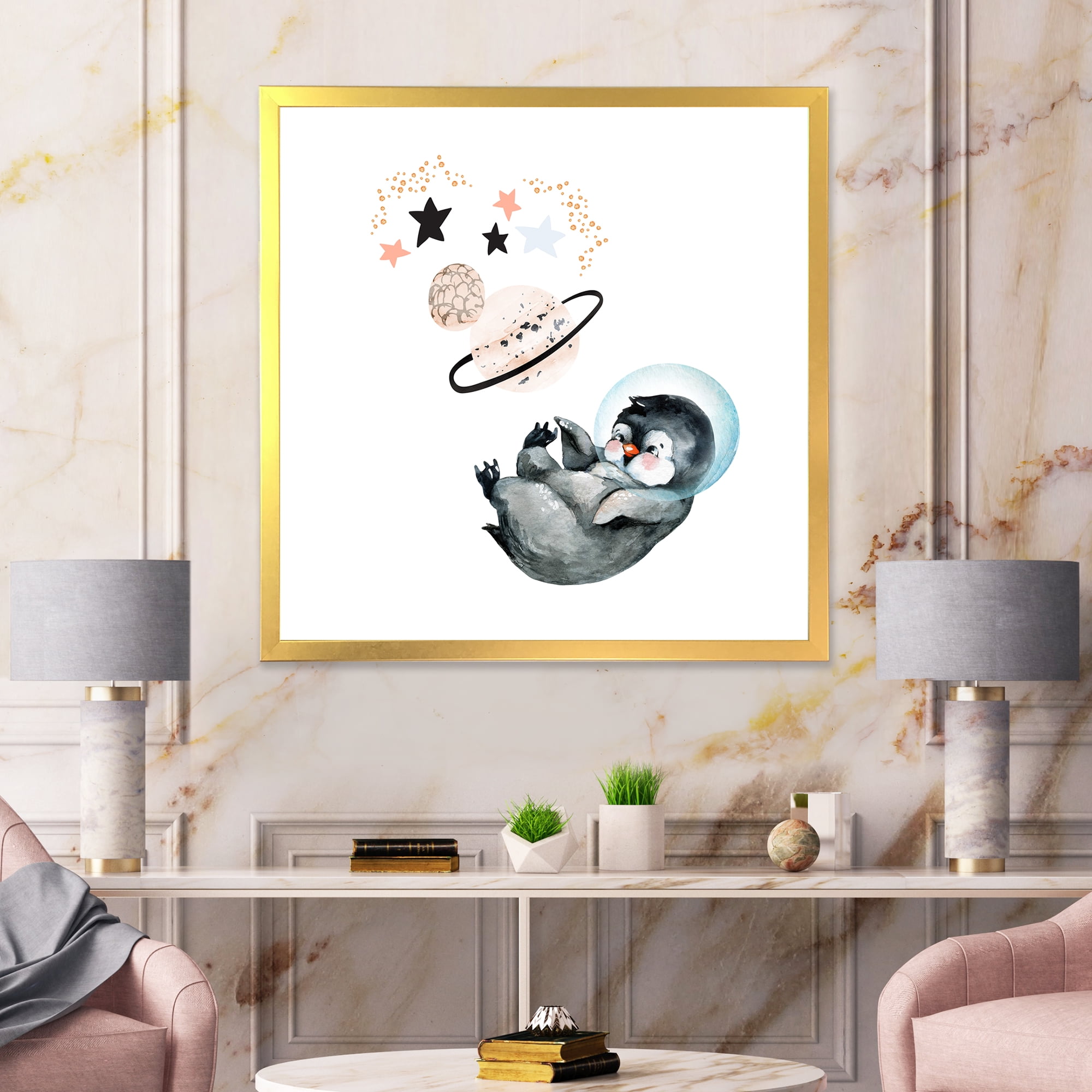 Designart 'Little Penguin With Planets and Stars I' Farmhouse Framed Art Print