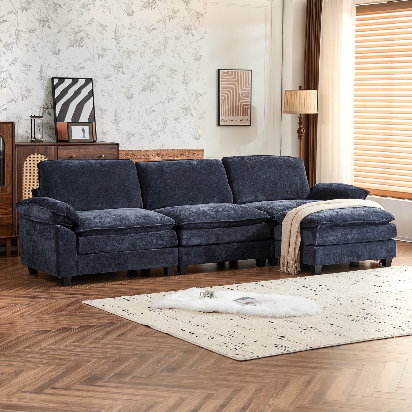 Capri 122" Oversized Sectional Couch, L Shaped Cloud Couch, Convertible Sofa Set for Living Room, Chenille, Blue