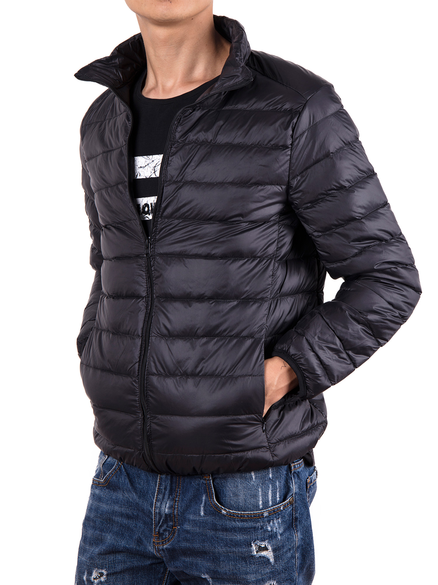 Men Down Jacket Outwear Puffer Coats Casual Zip Up Windbreaker Lightweight Winter Jackets Black - image 5 of 8