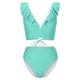 thumbnail image 5 of Trajes de baño para mujer, Trajes de baño para mujer, Traje de baño ajustado de cintura alta con cuello en V, mangas con volantes y abertura, Conjunto de traje de baño para mujer, 5 of 7