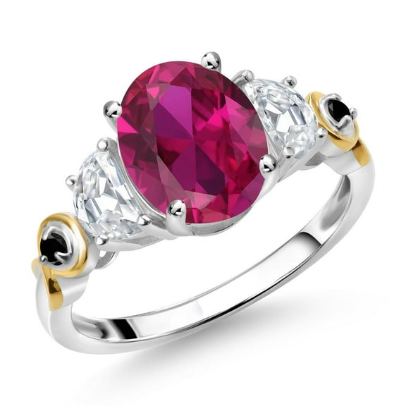 Gem Stone King 925 Silver and 10K Yellow Gold 3-Stone Ring Oval Red Created Ruby and Moissanite (2.51 Cttw, Size 9)