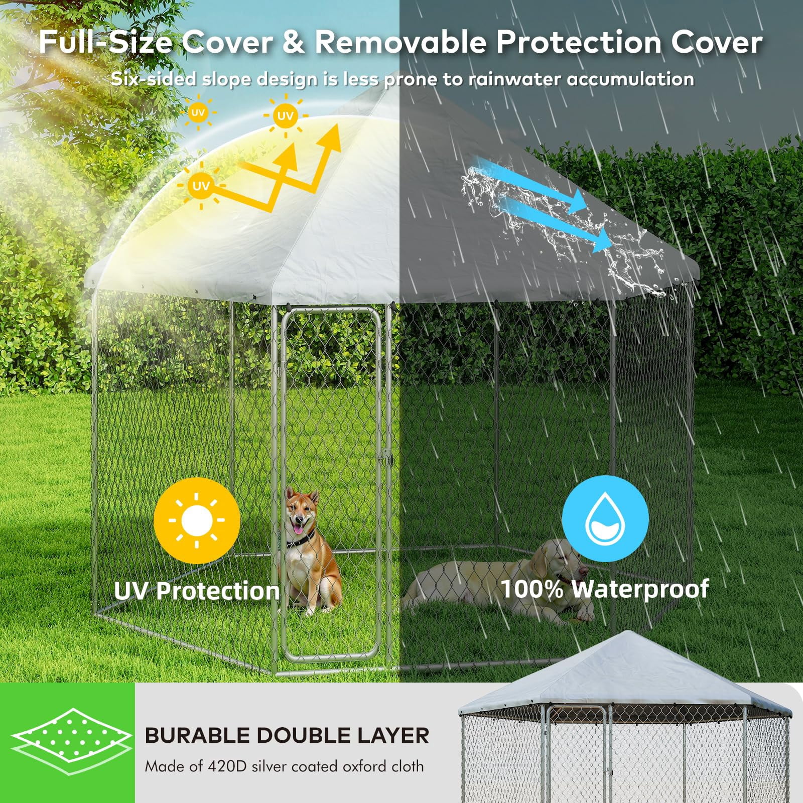 TIME RAY 6.8x6.8 ft Outdoor Dog Kennel,Dog Kennel Outdoor with Waterproof Cover and Security Lock, Galvanized Hexagonal Dog Cage for Large Dogs