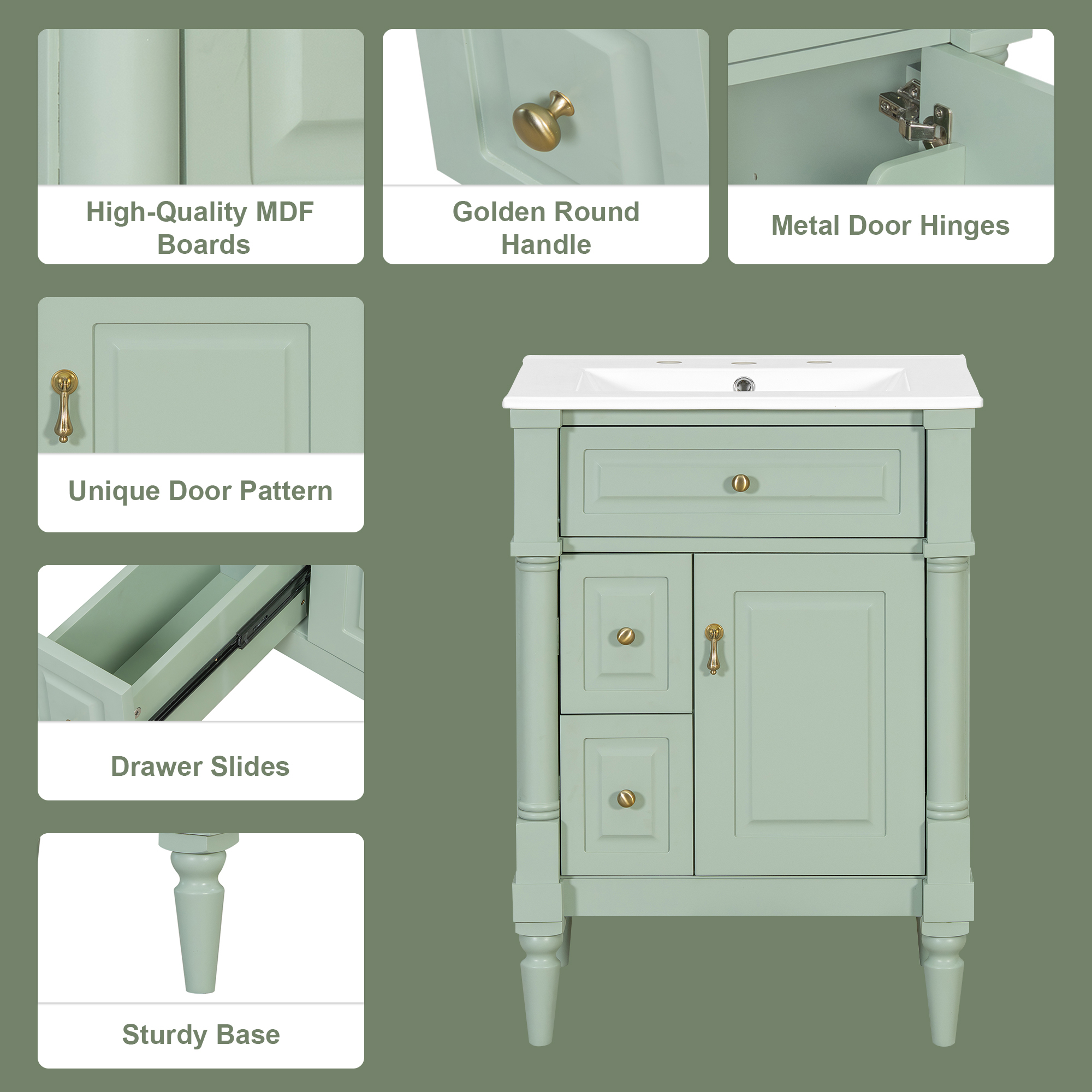 Alvantor 24" Bathroom Vanity with Ceramic Sink, Freestanding Storage Cabinet with Flip Drawers Green