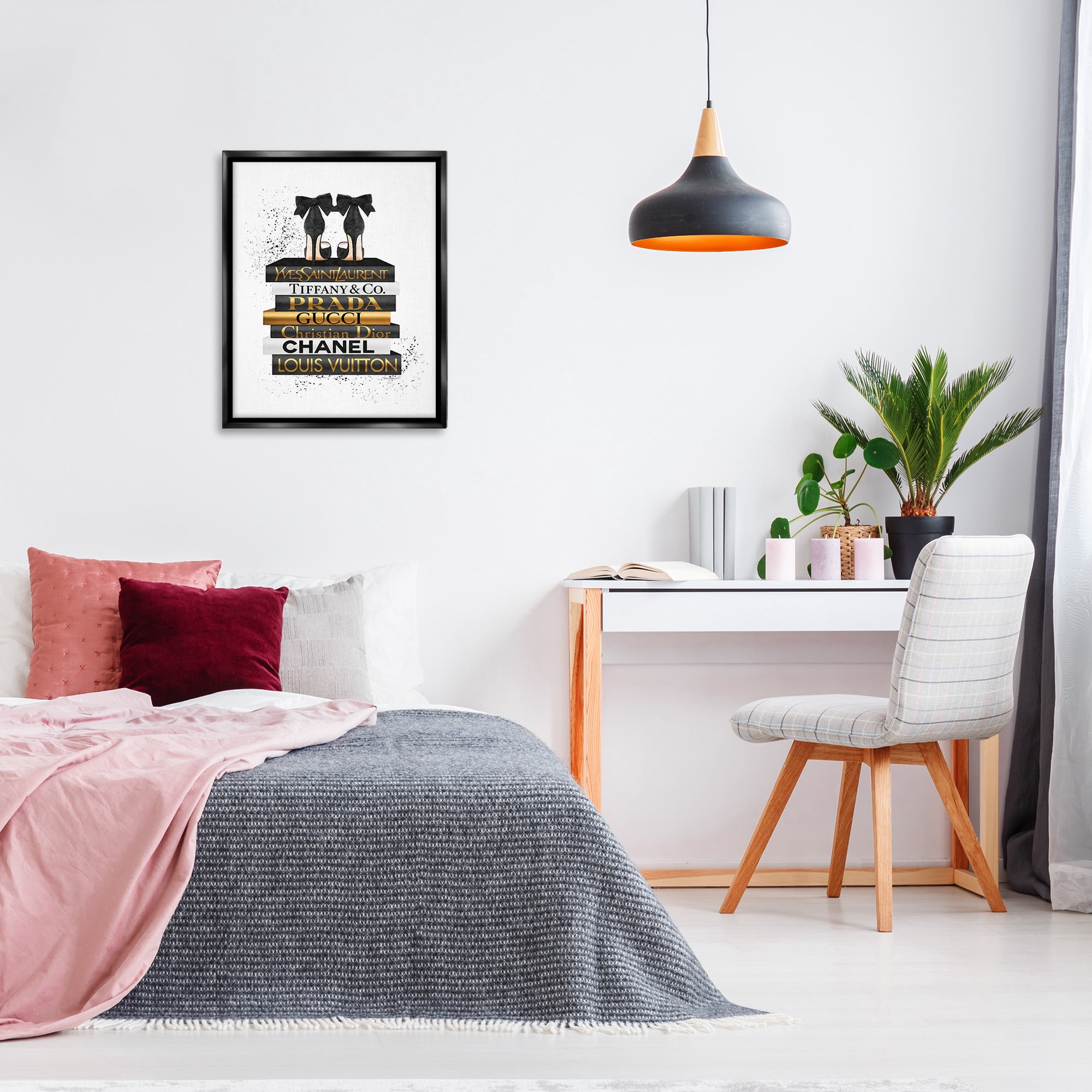 Stupell Industries Black Gold White Glam Bookstack Beauty & Fashion Painting Black Floater Framed Canvas Art Print Wall Art, 25 x 31