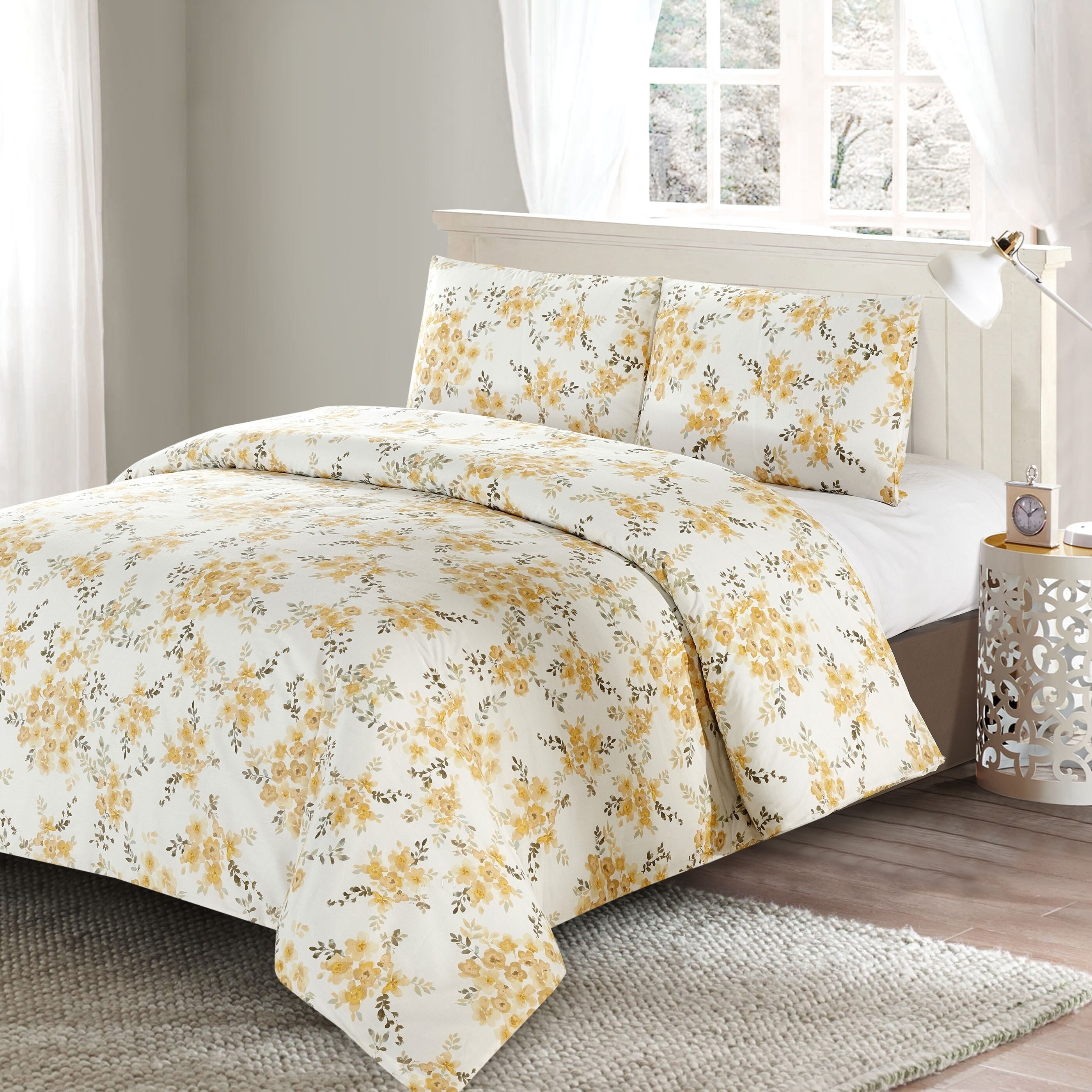Alpha Textile LLC Style Quarters Savanah Floral 3pc Duvet Cover Set-Yellow Watercolor Savannah Floral Pattern-100% Cotton-Machine Washable - King