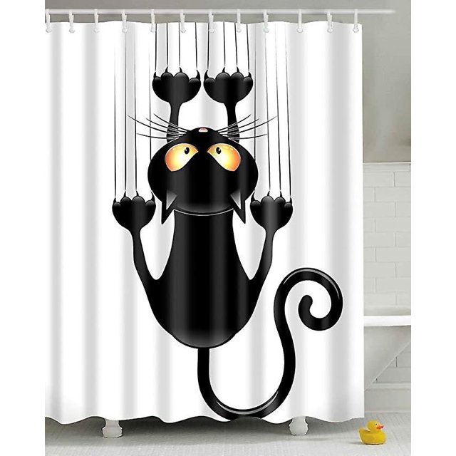 rideau De Douche Auto - Assembl (chat Noir, 150x180), Motif De Chat Humoristique, Impermable L'eau Et La Moisissure, Salle De Bain Avec Crochet