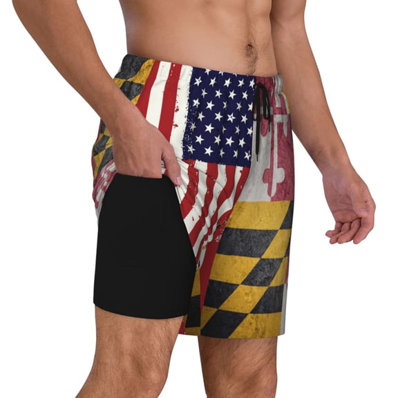 Men's Grunge America Maryland Flag Swim Trunks with Compression Liner Bathing Suit Swimwear