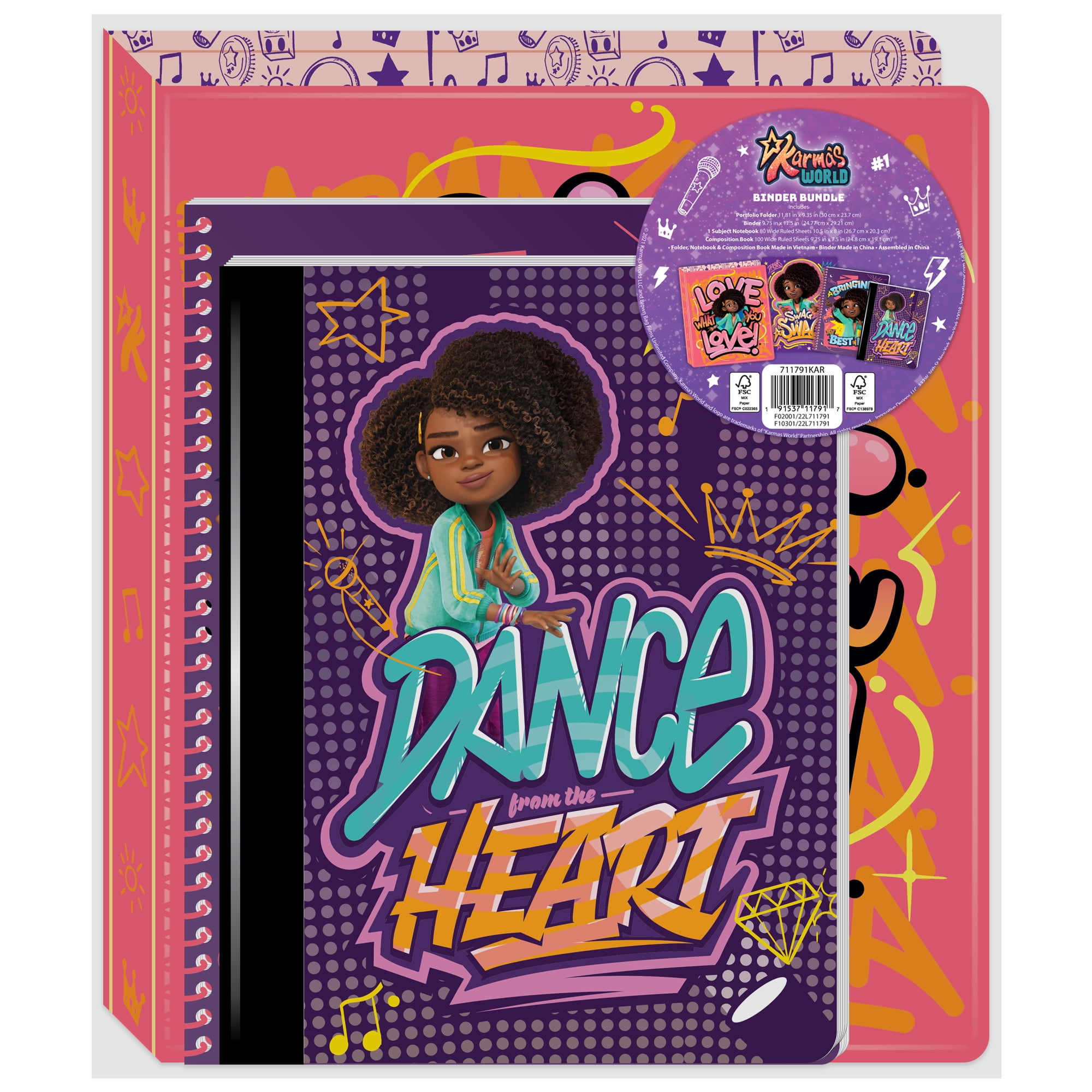 Karma's World Stationery Bundle, 3-Ring, 1' Binder, Notebook, Composition Book, Folder