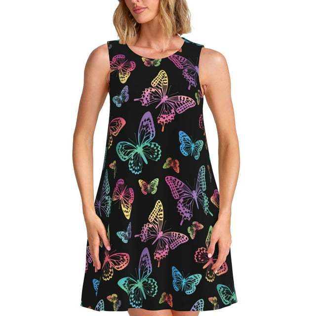 Xecao Papillons Arc-en-Ciel pour Robes d'Été pour Femmes Robes Décontractées de Plage Sans Manches T-Shirt Robe Évasée avec Poches