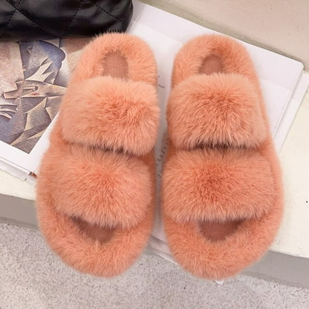 

CoCopeanut Winter House Women Fur Slippers Fashion Cross Band Warm Plush Ladies Fluffy Shoes Cozy Open Toe Indoor Fuzzy Slides For Girls