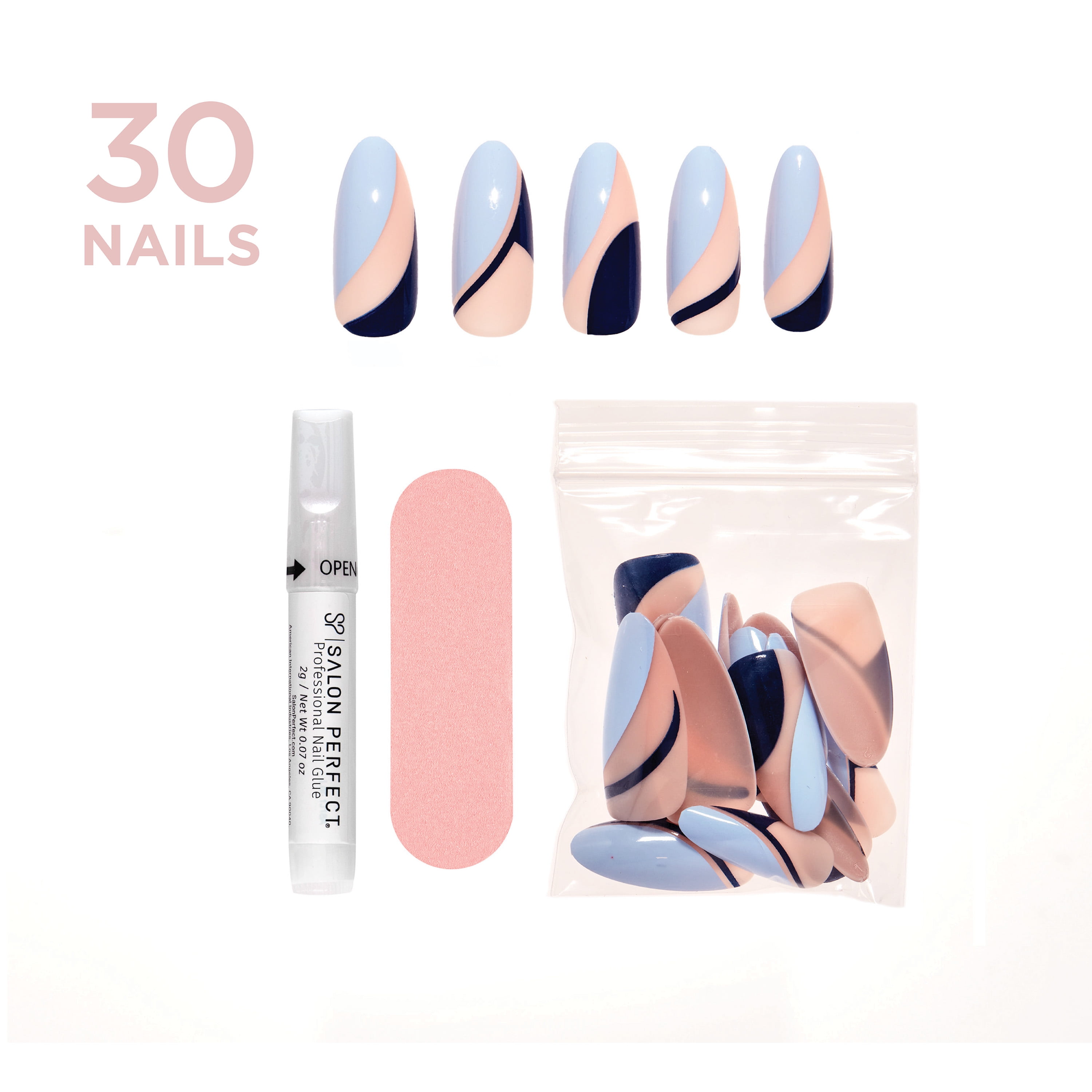 Salon Perfect Artificial Press on Nails, 192 Modern Art Blue Swirl, Long Almond Glue On Fake Nails, File & Nail Glue Included, 30 Nails