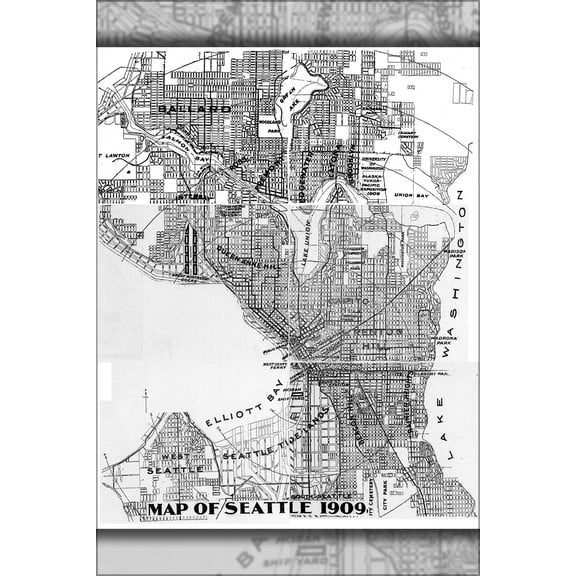 24"x36" Gallery Poster, A map of Seattle in 1909