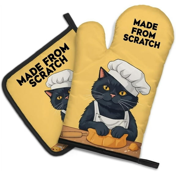 Made from Scratch Funny Cat Oven Mitts and Pot Holder Set, Funny Kitchen Gadgets for Women Cat Lover, Birthday Gifts for Bake Lover Chef Cat Mom, Baking Gifts for Mom Wife Sister BFF Friend