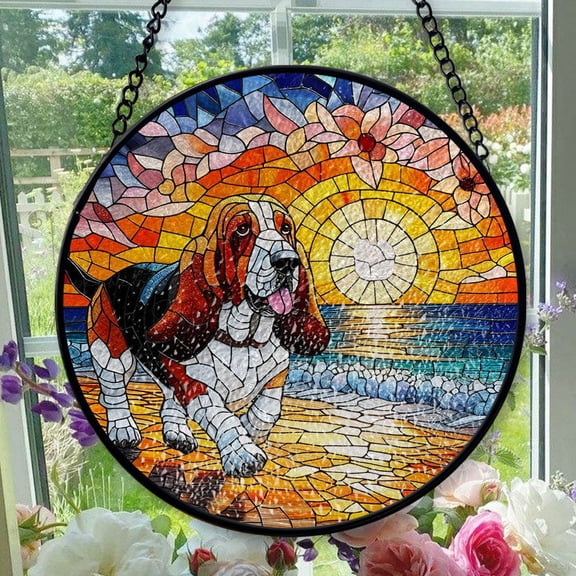 Stained Glass Window Hanging Dog - Stained Glass Window Hanging Dog, Festival Gift Ornament, Home Wall & Window Art, Brightens Any Space with Light, Elegant Art Glass Aesthetic