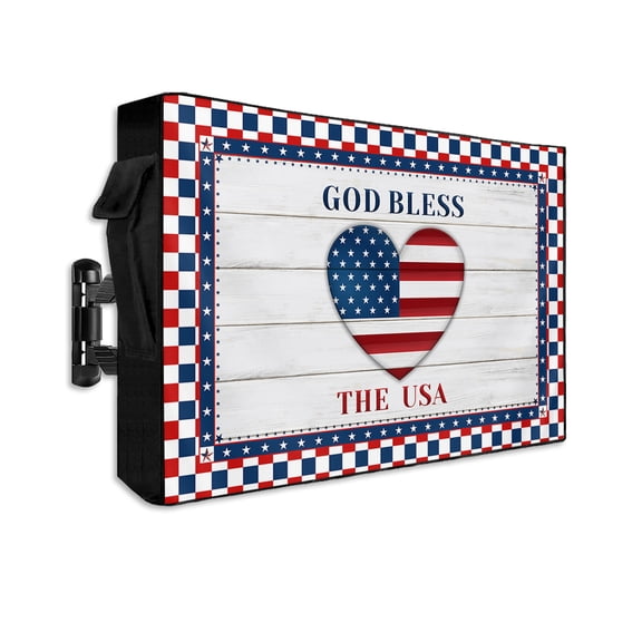 Heart with Independence Wooden Stripes Outdoor TV Cover 60 to 65 Inch Waterproof, Red Blue White Buffalo Checker 600D Oxford TV Covers with Zipper, Outside Flat TV Screen Protector 58"Wx37"Hx4.5"D