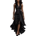 thumbnail image 2 of Lifetechs Women Ruffle Satin High Low Prom Dress Sleeveless V Neck Halter Tie Waist Midi Dress Wedding Guest Party Cocktail Dress Black, 2 of 7