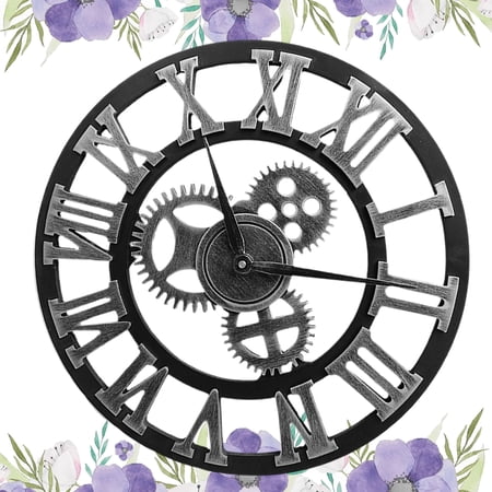 TABLZONE Silver Retro Industrial Gear Wall Clock Chic Wooden Home Decoration