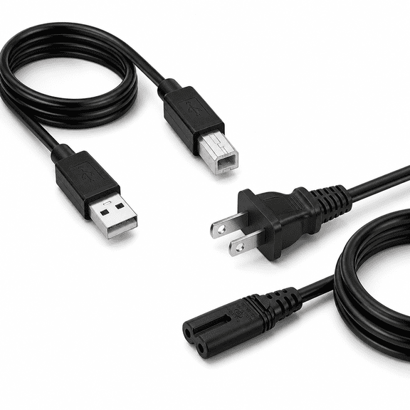 USB Printer Cable and Power Cord Bundle for HP, Canon, Epson and Brother Printers, USB 2.0 A to B and 2-Prong Figure 8 Cord