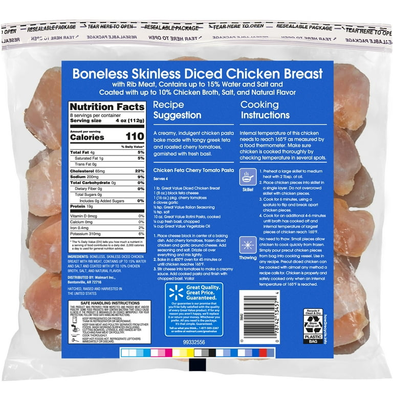 Great Value Boneless Skinless Diced Chicken Breast, lb (Frozen