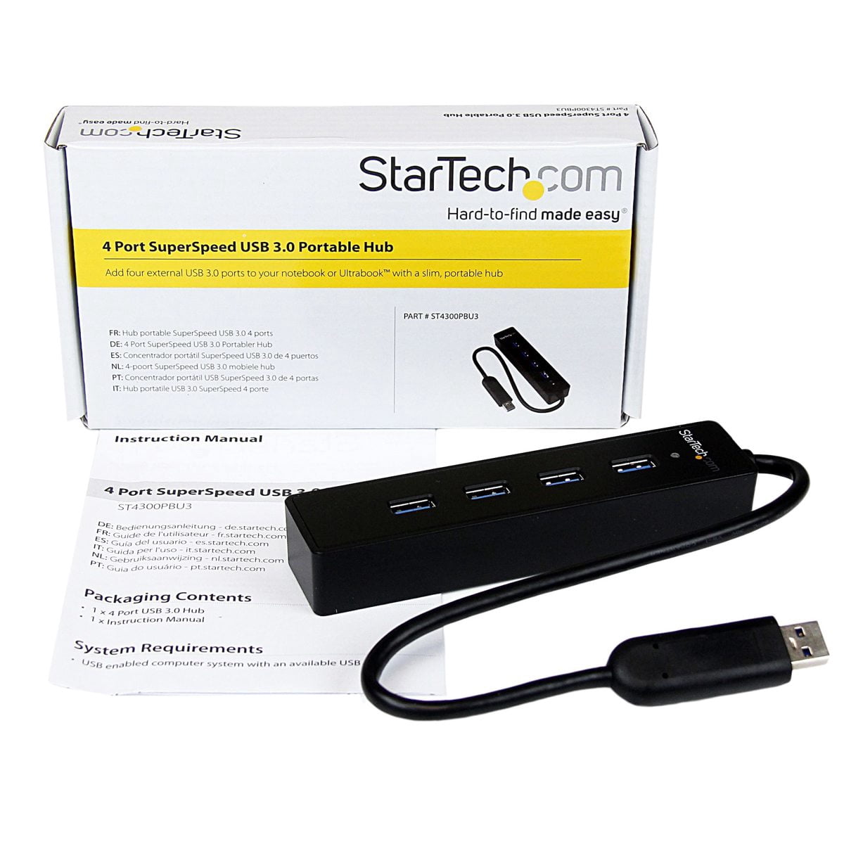 StarTech 4 Port Portable SuperSpeed USB 3.0 Hub with Built-in Cable