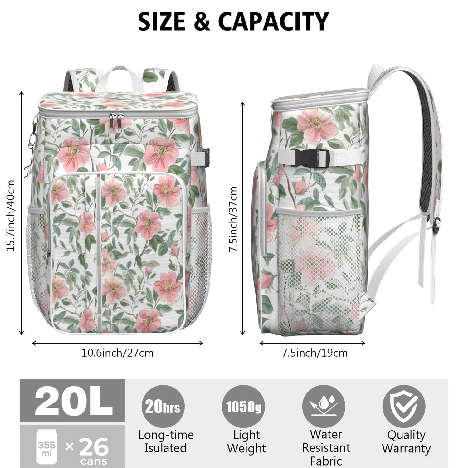 Travel Cooler Bag - Pioneer Flower Floral Print Pattern Camping Beer Cooler Backpack with Bottle Opener- Waterproof Insulated Picnic Backpacks - Cooler Bag for Beach