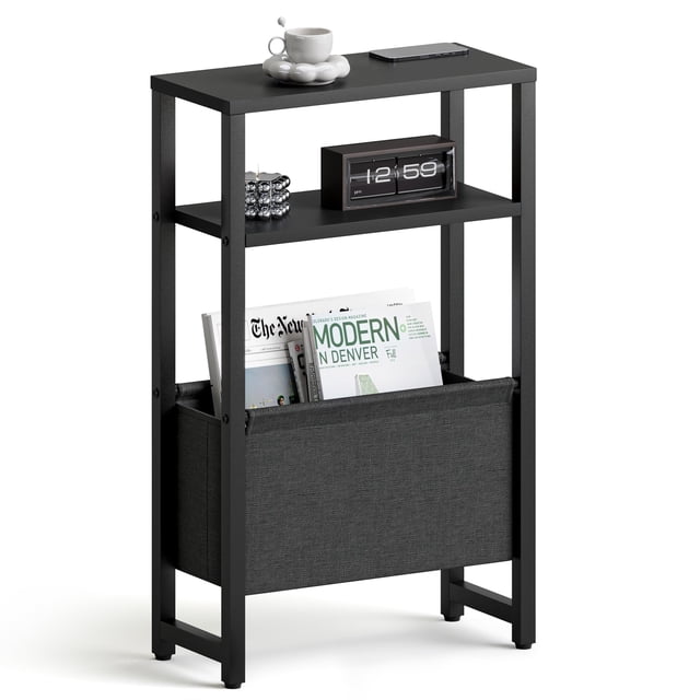 Mesa Lateral IRCPEN Estrecha con Repisa para Revistas 3 Niveles Negra