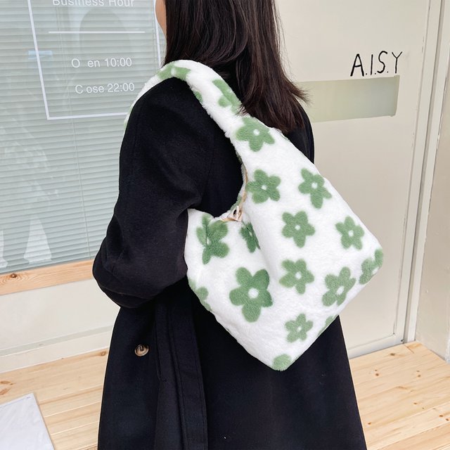 Bolso de hombro con estampado de flores para mujer bolsa de Likrtyny hombro de felpa suave bolso de mano peludo y esponjoso para compras de invierno