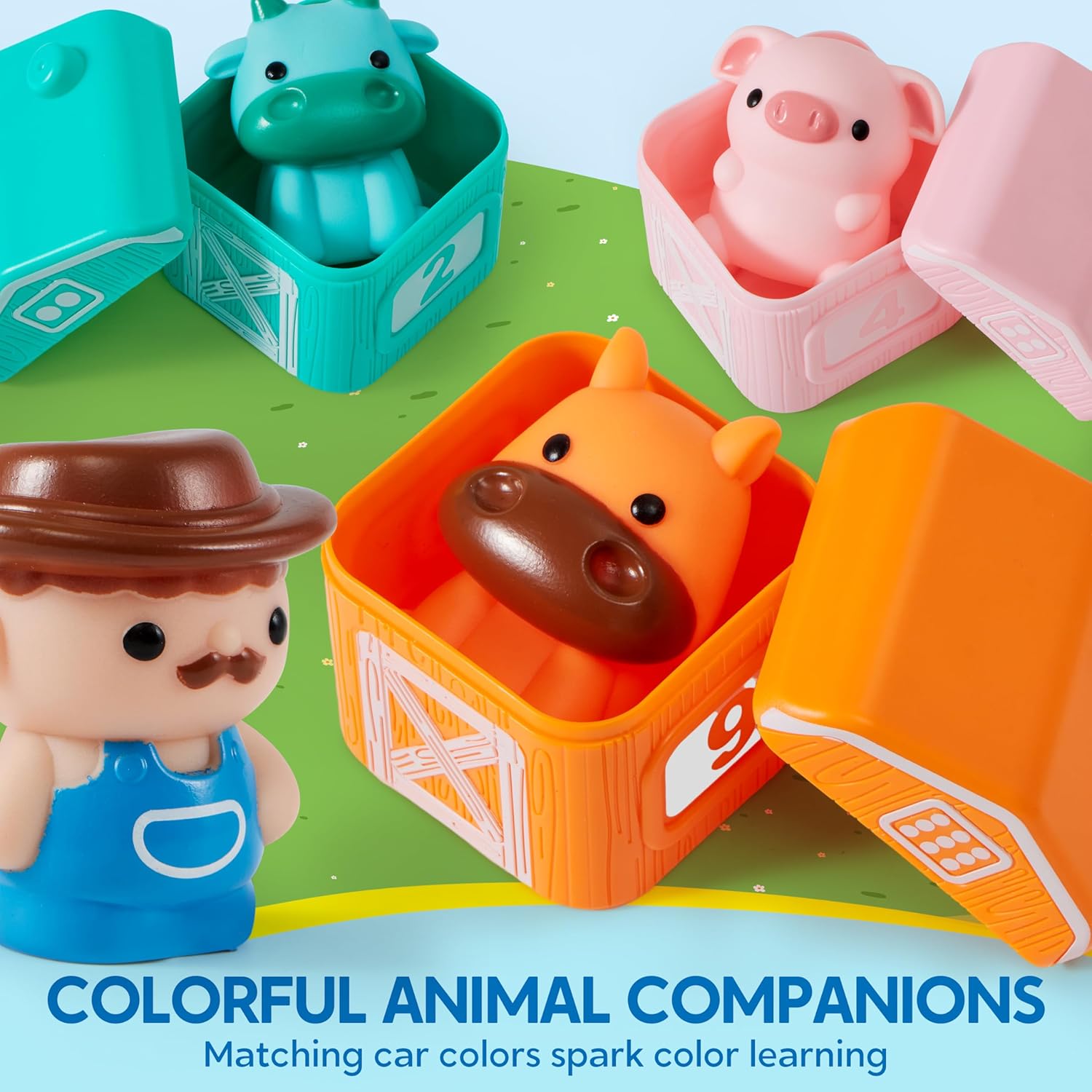 Joyfy Juguetes Educativos Montessori para Niños Pequeños de 1 2 3 Años, Tren de Contar, Emparejar y Clasificar con 9 Animales de Granja y 1 Títere de Dedo de Granjero, Regalo de Navidad y Cumpleaños para Bebés Niños y Niñas 3