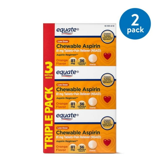 (2 Pack) Equate Low Dose Aspirin Orange Chewables, 81 mg, 36 Ct, 3 Pk