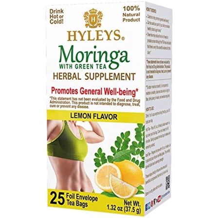 12 Pack Of Hyleys Wellness Moringa Oleifera Green Tea Lemon - 25 Tea Bags (100% Natural, Sugar Free, Gluten Free And Non-Gmo)