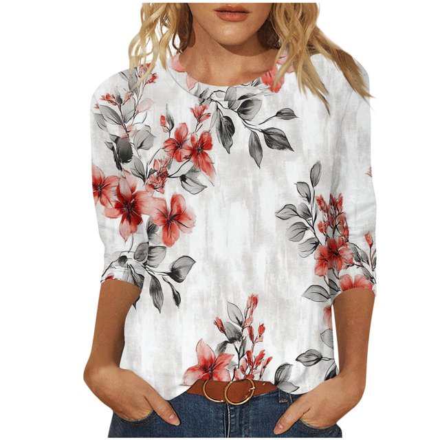 Staron Hauts d'Été pour Femmes Tendance en Liquidation à Moins de 5$ Col Rond Manches 3/4 Tunique Imprimé Floral Blouses Fluides T-Shirts Basiques