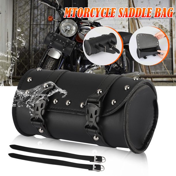 LYD Bolsa para sillín de motocicleta, bolsa de almacenamiento de motocicleta de cuero PU con remache, alforjas impermeables con 2 correas de hebilla lyd modelStyleType