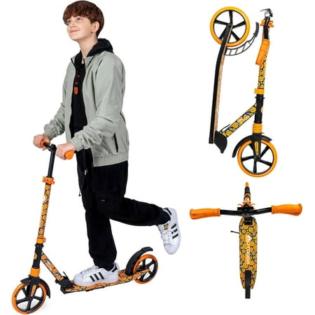 Outdoor Cruiser Kick Scooter for Ages 6+, for Kids, Teens, and Adults, Max Load 250 LBS, Foldable, 8-inch Big Wheels, Dual Suspension, 3 Adjustable Levels, Child Safety Approved, Orange