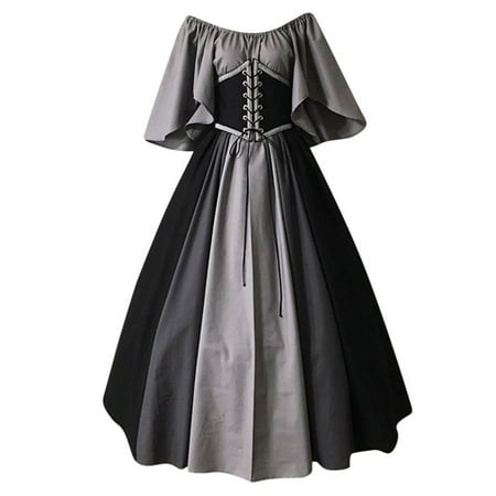 RYRJJ Medieval Renaissance Dress Women with Corset Plus Size Evening Ball Gowns Costume Vintage Bell Short Sleeve Dress(Patchwork Gray L)