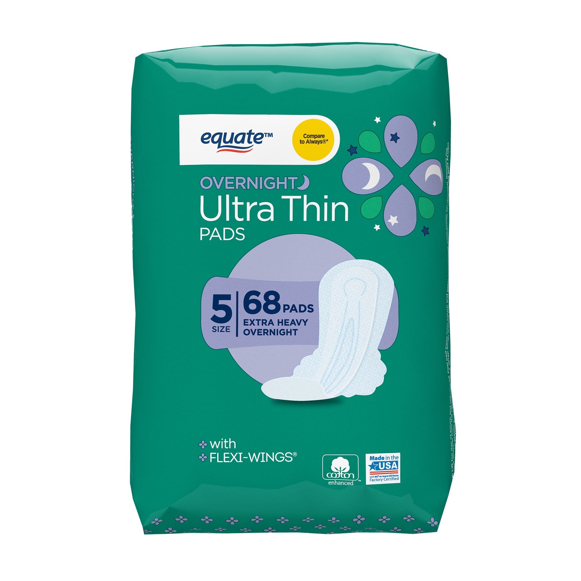 Equate Ultra Thin Pads with Wings, Extra Heavy Overnight, Unscented, 68 ct