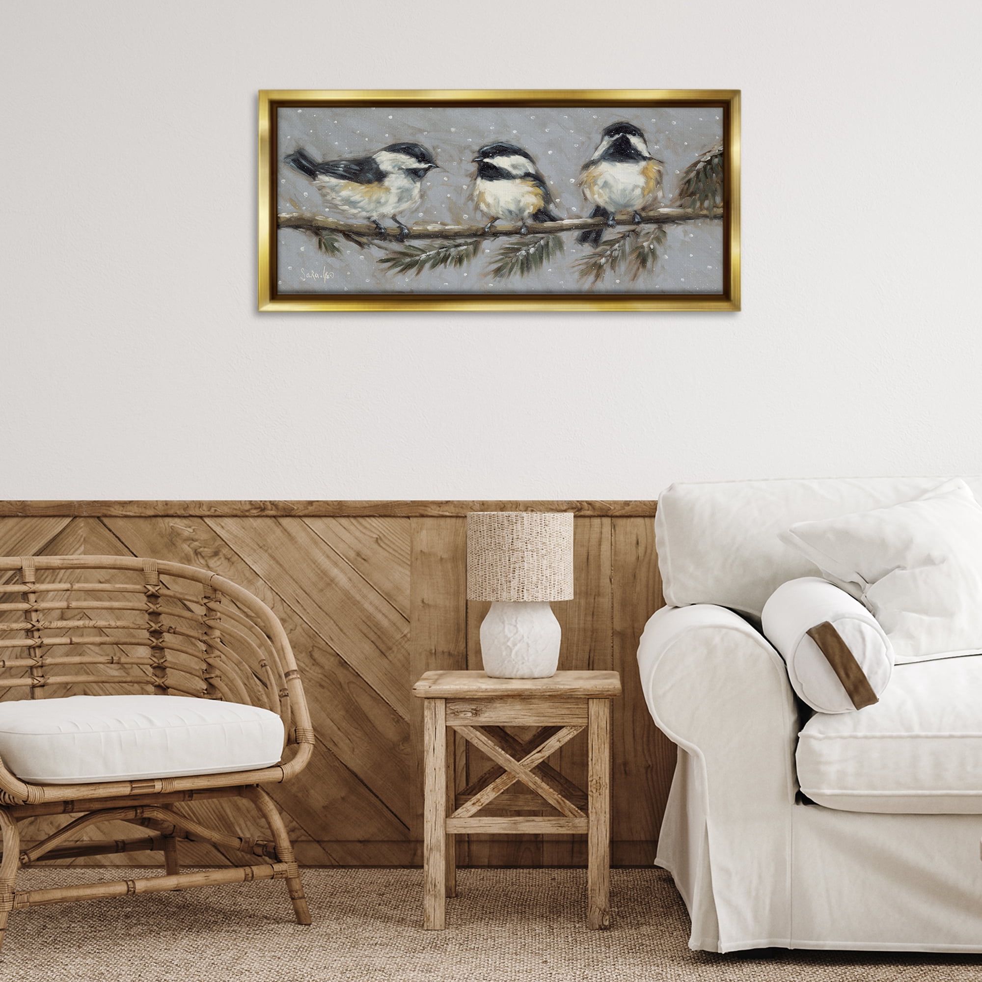 Stupell Industries Winter Bird Trio Animals & Insects Painting Gold Floater Framed Canvas Art Print Wall Art, 31 x 14